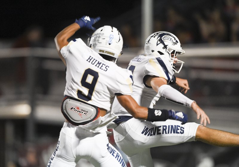 Bentonville West High School cornerback Brandon Humes (9) reacts after a score during a football game, Friday, October 4, 2019 at Springdale High School in Springdale.