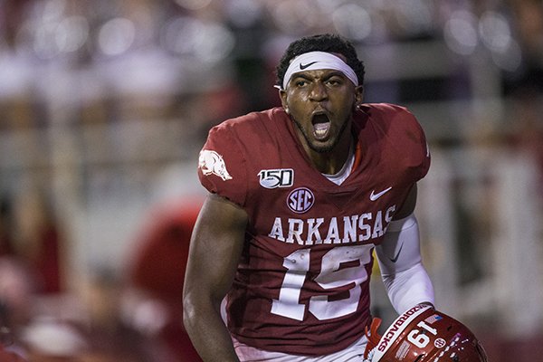Arkansas receiver Tyson Morris celebrates after scoring a touchdown during the fourth quarter of a game against San Jose State on Saturday, Sept. 21, 2019, in Fayetteville. 