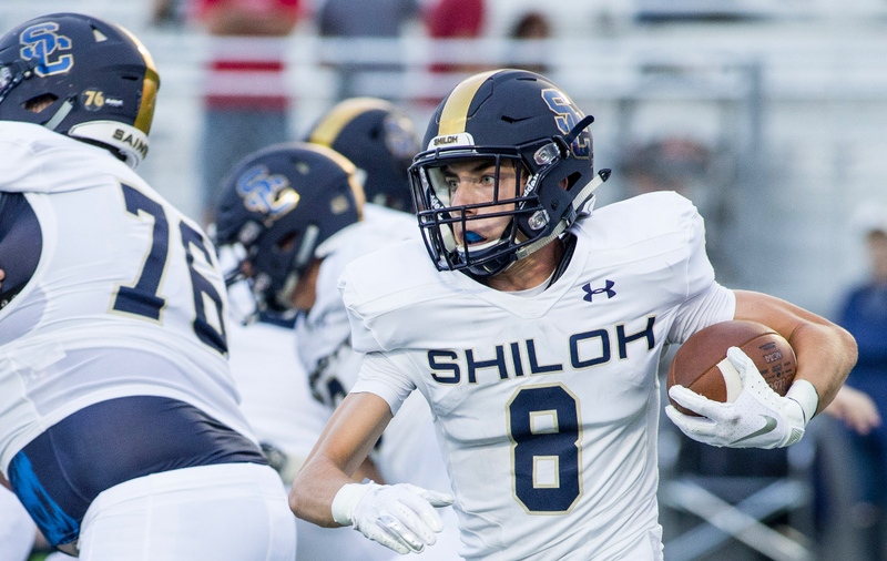 Truitt Tollett, Shiloh Christian wide receiver, runs Tuesday, Aug. 14, 2018, during a scrimmage against Springdale at Jarrell Williams Bulldog Stadium in Springdale.