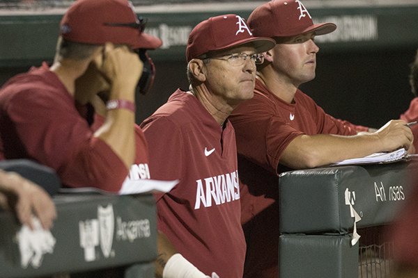 Arkansas coach Dave Van Horn watches during a scrimmage against Oklahoma on Friday, Sept. 20, 2019, in Fayetteville. Arkansas coach Dave Van Horn watches during a scrimmage against Oklahoma on Friday, Sept. 20, 2019, in Fayetteville.