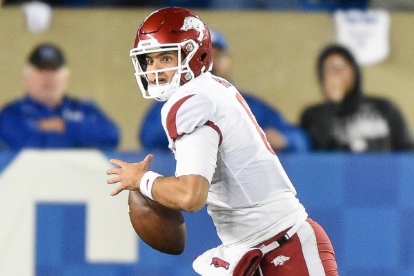 Arkansas quarterback Ben Hicks (6) looks for a receiver Saturday, October 12, 2019 during the third quarter of a football game at Kroger Field in Lexington, Ky. Visit nwadg.com/photos to see more photographs from the game.