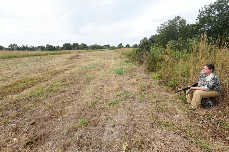 NWA Democrat-Gazette/FLIP PUTTHOFF Alan Bland of Rogers waits for squadrons of mourning doves to fly Sept. 13 2019 over a field near Siloam Springs managed for doves. The Arkansas Game and Fish Commission manages public dove-hunting fields at the Wedington Wildlife Management Area.