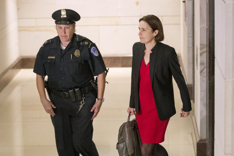 The Associated Press LAWMAKERS: Former White House adviser on Russia, Fiona Hill, arrives on Capitol Hill in Washington, Monday, as she is scheduled to testify before congressional lawmakers as part of the House impeachment inquiry into President Donald Trump.