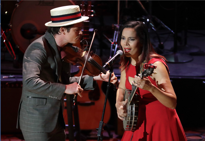 Rhiannon Giddens performs with Ketch Secor at the Ryman Auditorium in Nashville during a taping for Ken Burns’ PBS series "Country Music." (AP)