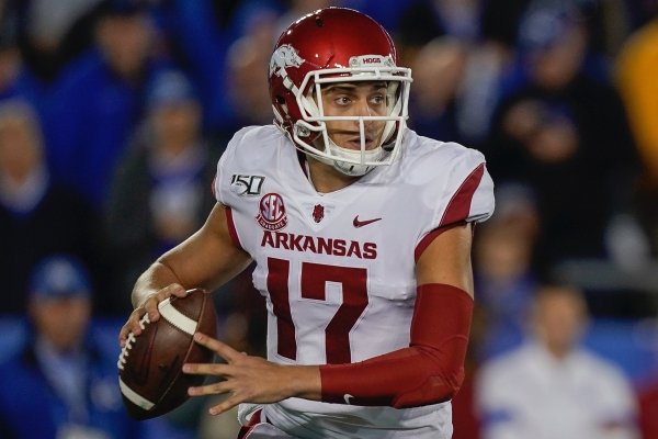 Arkansas quarterback Nick Starkel (17) during the NCAA college football game against Kentucky, Saturday, Oct. 12, 2019, in Lexington, Ky. (AP Photo/Bryan Woolston)