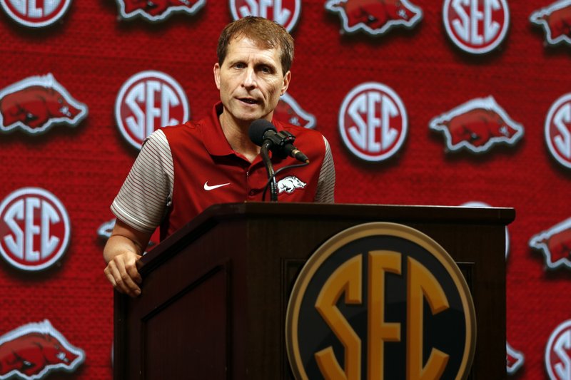 Arkansas head coach Eric Musselman speaks during the Southeastern Conference NCAA college basketball media day, Wednesday, Oct. 16, 2019, in Birmingham, Ala. (AP Photo/Butch Dill)
