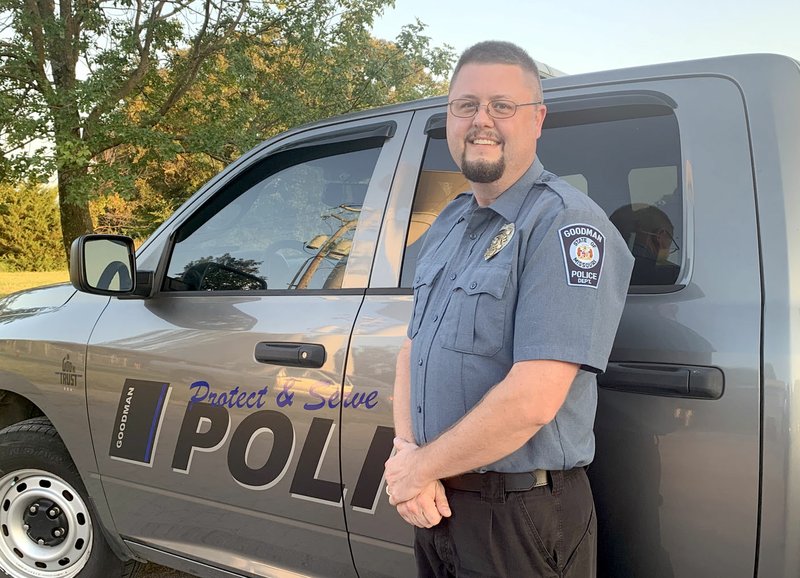 Sally Carroll/McDonald County Press Curt Drake serves the Goodman community as police chief. In his 13th year in Goodman, Drake says he enjoys his job and he enjoys serving the people of Goodman. Not pictured is police officer Gary Huff.