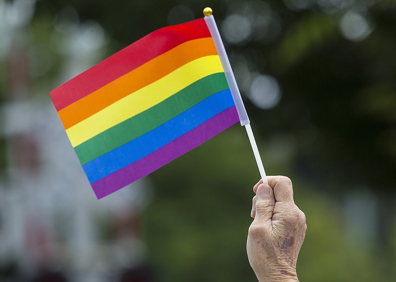 A spectator waves a rainbow flag Saturday, June 15 during the annual Northwest Arkansas Pride Festival parade on Dickson Street in Fayetteville. NWA Democrat-Gazette/Ben Goff story.lead_photo.caption