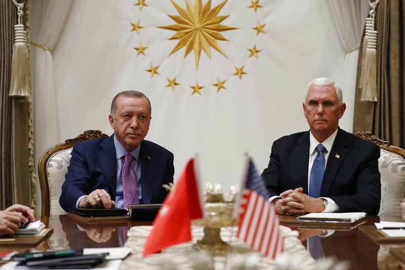 Vice President Mike Pence meets with Turkish President Recep Tayyip Erdogan at the Presidential Palace for talks on the Kurds and Syria, Thursday, Oct. 17, 2019, in Ankara, Turkey. (AP Photo/Jacquelyn Martin)