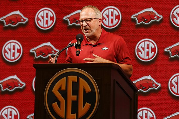 Arkansas head coach Mike Neighbors speaks during the Southeastern Conference NCAA college basketball media day, Thursday, Oct. 17, 2019, in Birmingham, Ala. (AP Photo/Butch Dill)