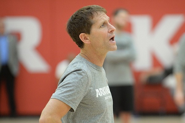 Arkansas coach Eric Musselman directs his players Thursday, Sept. 26, 2019, during practice in the Eddie Sutton Gymnasium inside the Basketball Performance Center in Fayetteville. Visit nwadg.com/photos to see more photographs from the practice.