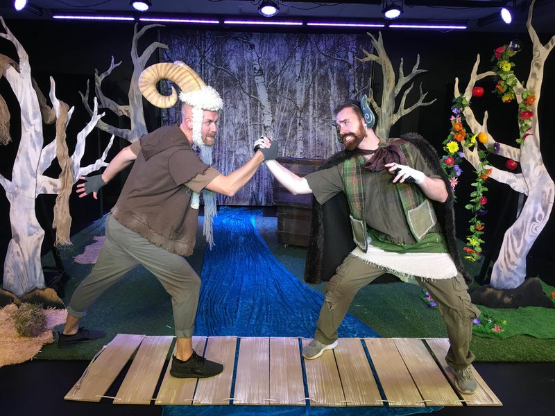 Courtesy Photo In Trike Theatre's "Three Billy Goats Gruff," Jacob Christiansen, left, and Justin Mackey play characters who learn to settle their differences in a peaceful way. "This is a really fun, exciting show," says Mackey. "It may sound scary, but we promise that the troll characters are not threatening or scary at all."