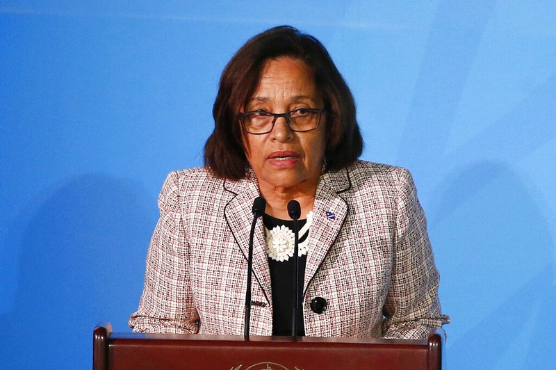 In this Sept. 23, 2019, file photo, Marshall Islands' President Hilda Heine addresses a summit at the United Nations General Assembly. The president of the Republic of the Marshall Islands is applauding U.S. authorities for arresting an Arizona elected official accused of running an illegal adoption scheme involving pregnant Marshallese women. President Heine issued a statement Thursday, Oct. 17, 2019, saying people like Maricopa County Assessor Paul Petersen have been inducing Marshallese women for too long. (AP Photo/Jason DeCrow, File)