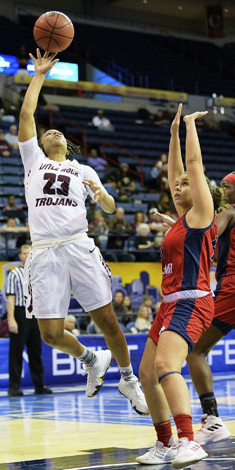 UALR guard Kyra Collier (23) averaged 14.4 points per game last season for the Trojans, who went 21-11 and qualified for the NCAA Women’s Tournament.