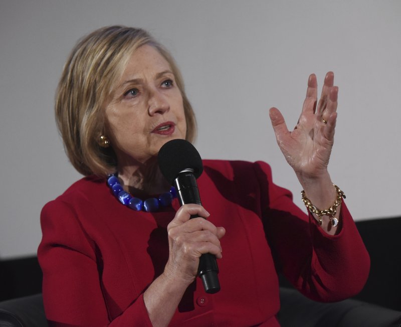 Former Secretary of State Hillary Clinton speaks during the Trailblazing Women of Park Ridge event in Park Ridge, Ill., Friday, Oct. 11, 2019. (Joe Lewnard/Daily Herald via AP)