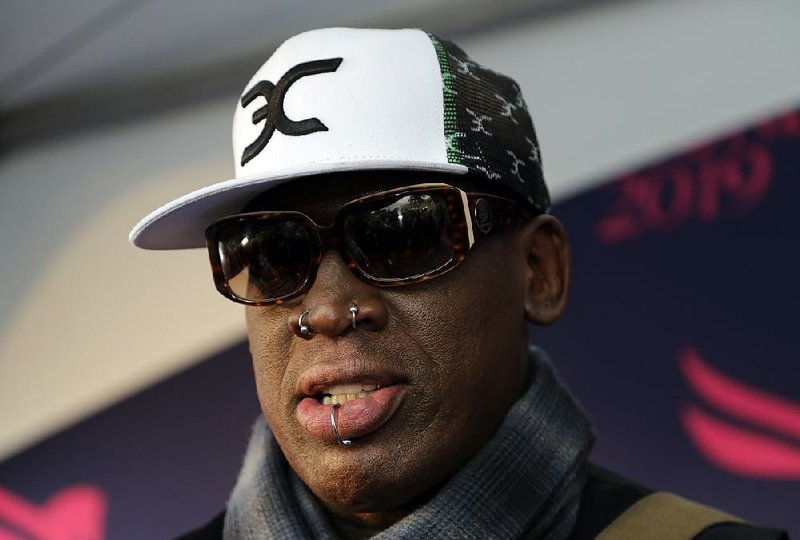 In this Jan. 26, 2019, file photo, retired NBA basketball player Dennis Rodman is interviewed on the blue carpet at the Pegasus World Cup Invitational Horse Race at Gulfstream Park in Hallandale Beach, Fla. 