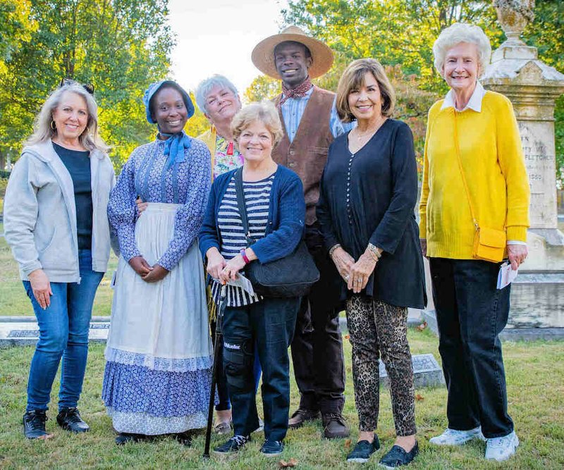 From left are Kay Tatum, U.S.D. 1812 state president; Jerriah Brown as Eliza Caulder; Sheila Beatty-Krout; Mary Ellen Laursen; Jayson Holt as Peter Caulder; Sandra Poore; and Lela Murray. - Submitted photo