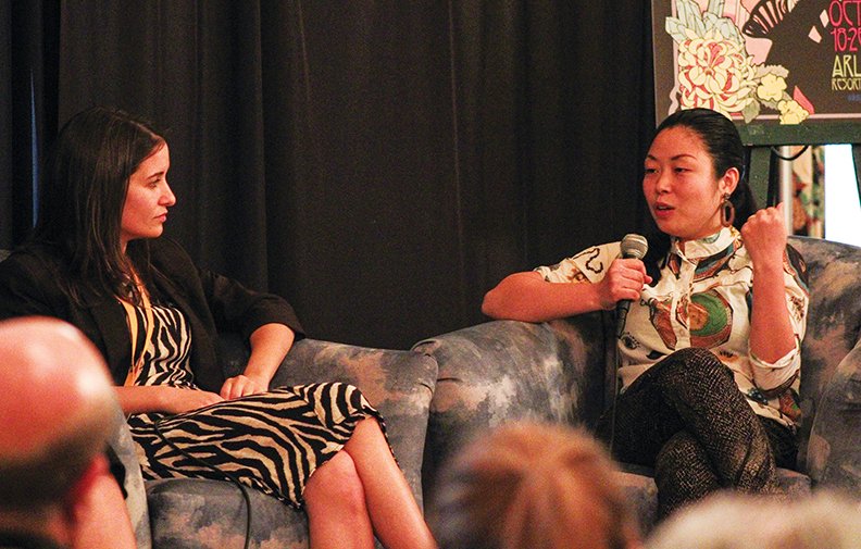 Directors Nanfu Wang, "One Child Nation," right, and Waad Al-Kateab, "For Sama," talk about "Filming in High-Risk Situations, Politics, and More" on Saturday. - Photo by Jami Smith of The Sentinel-Record