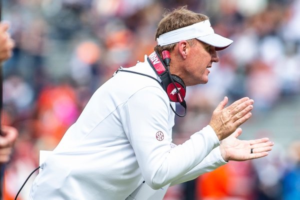 Arkansas coach Chad Morris is shown during a game against Auburn on Saturday, Oct. 19, 2019, in Fayetteville.	