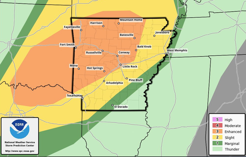 This National Weather Service graphic shows much of Arkansas is at a slight to enhanced risk for severe weather Sunday night and into Monday morning. 