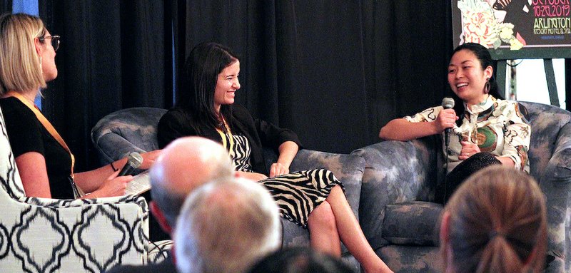 HSDFF Director of Programming Jessie Fairbanks, left, hosted the chat "Filming in High-Risk Situations, Politics, and More" with "One Child Nation" director Nanfu Wang, right, and "For Sama" director Waad Al-Kateab. - Photo by Jami Smith of The Sentinel-Record