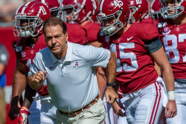Alabama head coach Nick Saban leads his team onto the field for warm-ups before an NCAA college football game against Southern Miss, Saturday, Sept. 21, 2019, in Tuscaloosa, Ala. (AP Photo/Vasha Hunt)