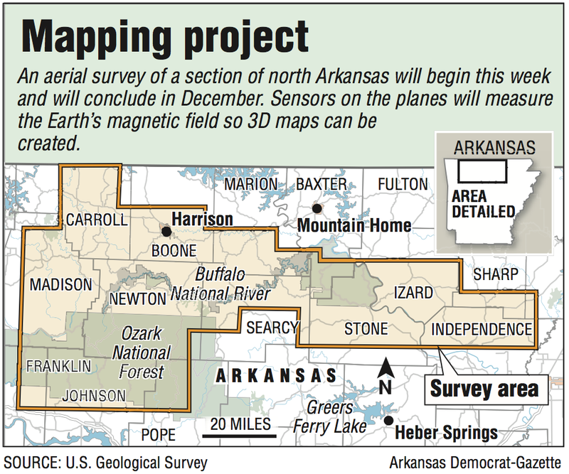 An aerial survey of a section of north Arkansas will begin this week and will conclude in December. Sensors on the planes will measure the Earth's magnetic field so 3D maps can be created story.lead_photo.caption