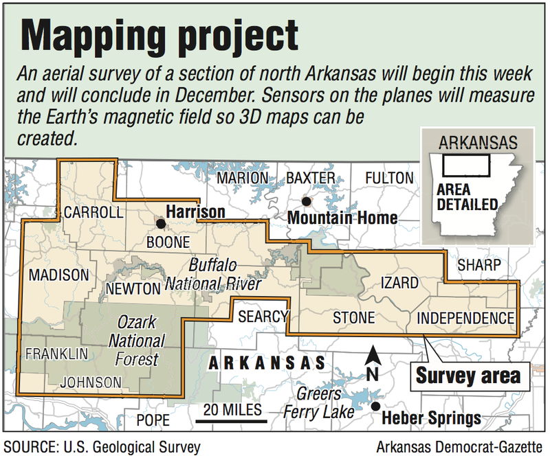 An aerial survey of a section of north Arkansas will begin this week and will conclude in December. Sensors on the planes will measure the Earth's magnetic field so 3D maps can be created