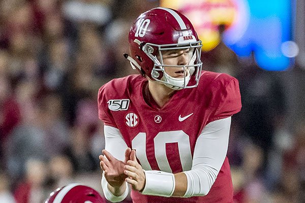 Alabama quarterback Mac Jones (10) during the second half of an NCAA college football game against Tennessee, Saturday, Oct. 19, 2019, in Tuscaloosa, Ala. (AP Photo/Vasha Hunt)
