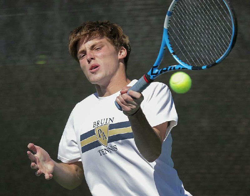 Foster Rogers of Pulaski Academy (above) defeated Bentonville West’s Hayden Shoemake 6-2, 6-3 on Tuesday to win the boys singles title at the Overall state tennis tournament in North Little Rock. For more photos, go to arkansasonline.com/1023tennis/. 