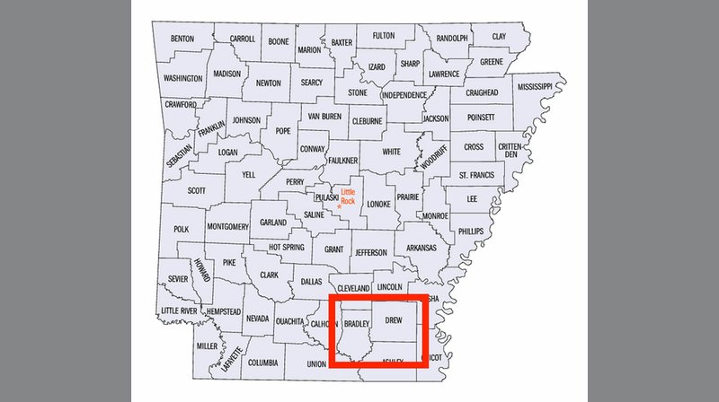 This map shows the location of Drew and Bradley Counties in Arkansas.