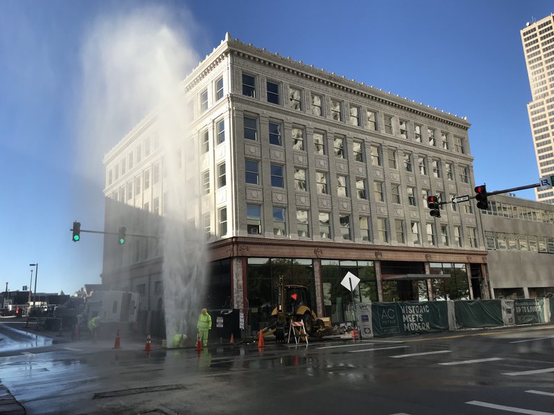 A malfunction during work on a water main Wednesday morning at Capitol Avenue and Louisiana Street left a geyser in the middle of downtown.