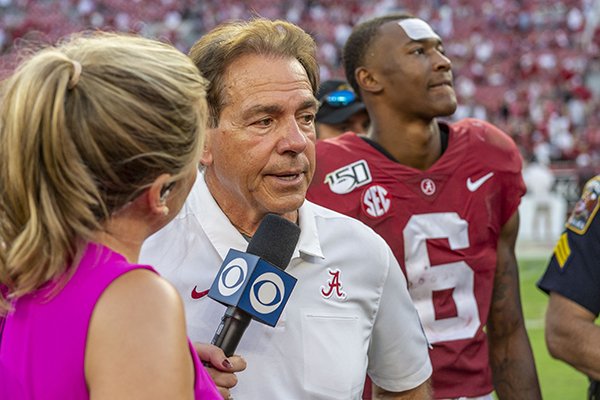 Alabama head coach Nick Saban talks with CBS after a 59-31 win over Ole Miss in an NCAA college football game, Saturday, Sept. 28, 2019, in Tuscaloosa, Ala. (AP Photo/Vasha Hunt)
Alabama head coach Nick Saban talks with CBS after a 59-31 win over Ole Miss in an NCAA college football game, Saturday, Sept. 28, 2019, in Tuscaloosa, Ala. (AP Photo/Vasha Hunt)
