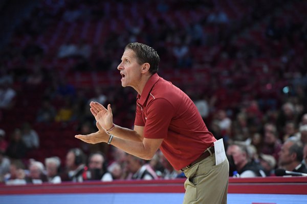 Arkansas' head coach Eric Musselman urges on his team against Arkansas Little Rock Sunday Oct. 20, 2019 at Bud Walton Arena win Fayetteville. The Razorbacks beat the Trojans 79-64.