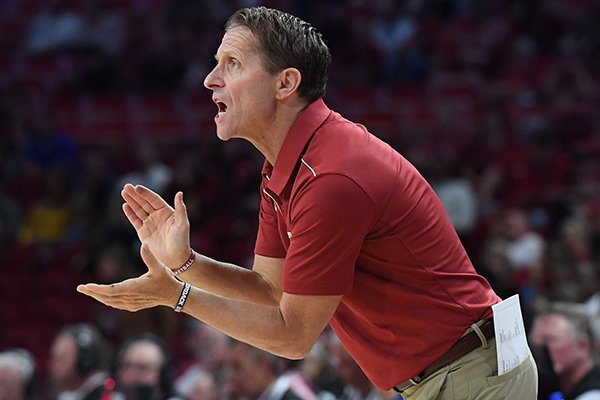 Arkansas basketball coach Eric Musselman is shown during an exhibition game against Arkansas-Little Rock on Sunday, Oct. 20, 2019, in Fayetteville. 