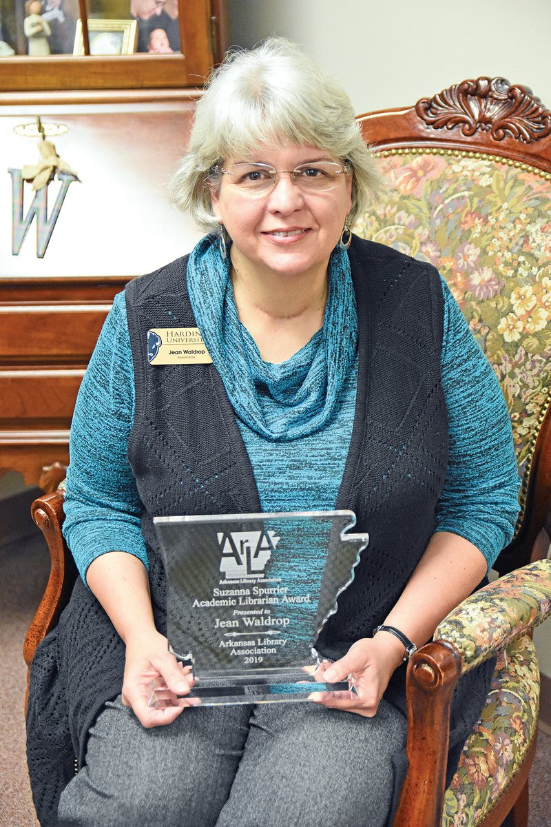 Jean Waldrop, director for the Brackett Library at Harding University in Searcy, is the 2019 recipient of the Suzanne Spurrier Academic Librarian Award from the Arkansas Library Association. Waldrop has worked at the Brackett Library since 2006 and has been director since 2014.