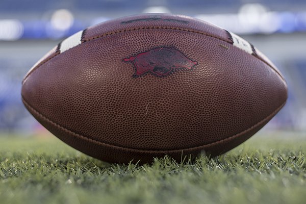 An Arkansas football is shown on the field prior to a game against Kentucky on Saturday, Oct. 12, 2019, in Lexington, Ky. 