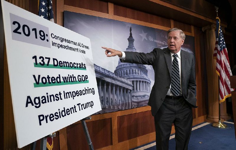 Sen. Lindsey Graham, R-S.C., said Thursday in introducing his resolution that the House process has been “a star-chamber-type inquiry” and accused Democrats of using it to damage President Donald Trump. More photos at arkansasonline.com/1025gop/ 