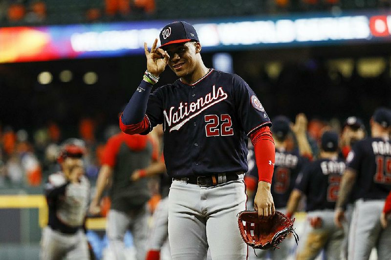 Washington Nationals left fielder Juan Soto celebrates after Wednesday night’s victory over the Houston Astros in Game 2 of the World Series. The Nationals hold a 2-0 lead in the best-of- seven series and are at home tonight for Game 3.