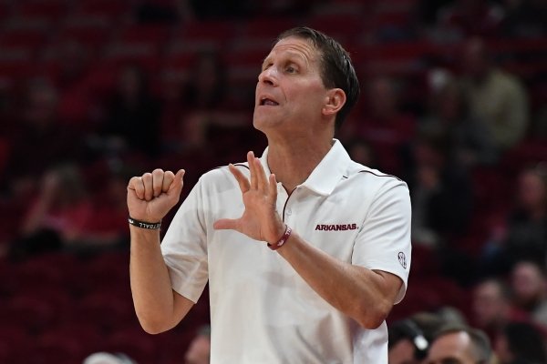 Arkansas coach Eric Musselman directs players during Arkansas' 78-51 win over Southwestern Oklahoma State on Friday, Oct. 25, 2019 at Bud Walton Arena.
