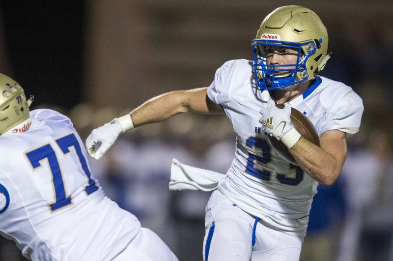 Harrisons Gabe Huskey (23) looks for an open route during the game against the Vilonia Eagles at Vilonia Eagle Stadium on Friday October 11th 2019.