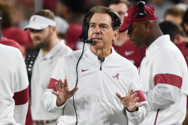 Alabama head coach Nick Saban reacts, Saturday, October 26, 2019 during the second quarter of a football game at Bryant-Denny Stadium in Tuscaloosa, Ala.