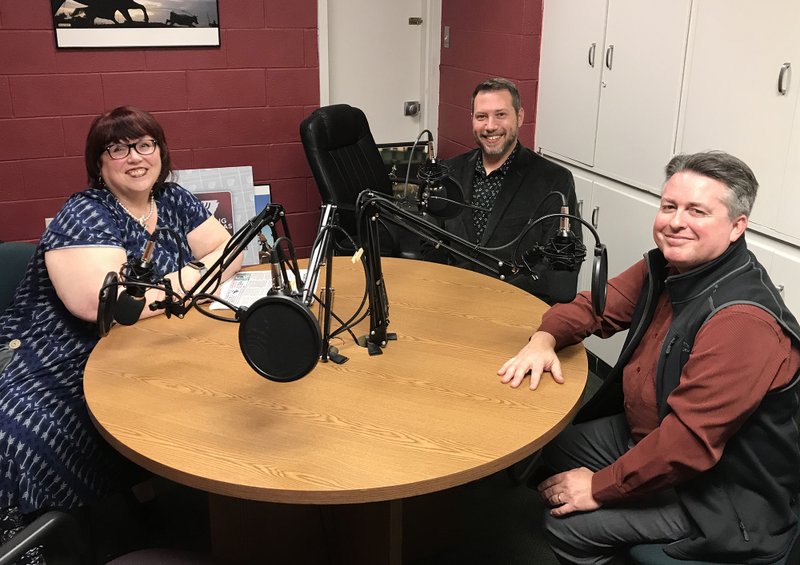 Becca Martin, Shane Sturdivant, Michael Weir left to right. Podcast for A Comedy of Tenors 