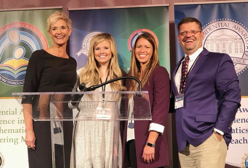 Courtesy photo Cheri DeSoto (from left), Anna Shaw, Tiffany Taylor and Corey Boby were recently selected as recipients of the Presidential Awards for Excellence in Mathematics and Science Teaching. Two educators received the recognition for 2017 and two for 2018. The National Science Foundation, on behalf of the White House, oversees the program that recognizes teachers who have demonstrated a commitment to professional development, innovative teaching techniques and technology use in their classrooms. 2017 recipients were Boby from Benton High School, Benton School District, math; and DeSoto from Holt Middle School, Fayetteville School District, science. 2018 recipients were Shaw, J.O. Kelly Middle School, Springdale School District, math; and Taylor, Rogers Heritage High School, Rogers School District, science. Recipients receive a $10,000 award, presidential citation and a trip to Washington, D.C., for a series of recognition events, professional development activities and an awards ceremony.