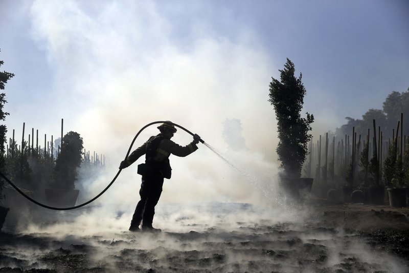 Morgan Clark, a firefighter with the Oxnard Fire Dept., hoses down hot spots created by the Easy Fire on a farm Wednesday in Simi Valley, Calif. - AP Photo/Marcio Jose Sanchez