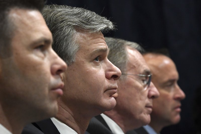 Acting Homeland Security Secretary Kevin McAleenan, left, FBI Director Christopher Wray, second from left, acting Director of the National Counterterrorism Center at the office of the Director of National Intelligence Russell Travers, second from right, and Department of Homeland Security undersecretary for intelligence and analysis David J. Glawe, right, wait to testify before the House Homeland Security Committee on Capitol Hill in Washington on Wednesday during a hearing on domestic terrorism. - AP Photo/Susan Walsh
