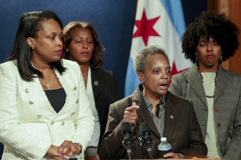 Chicago Mayor Lori Lightfoot speaks at a press conference at City Hall to discuss the Chicago Teachers Union strike that has kept students out of school for 11 days.(AP Photo/Teresa Crawford)
