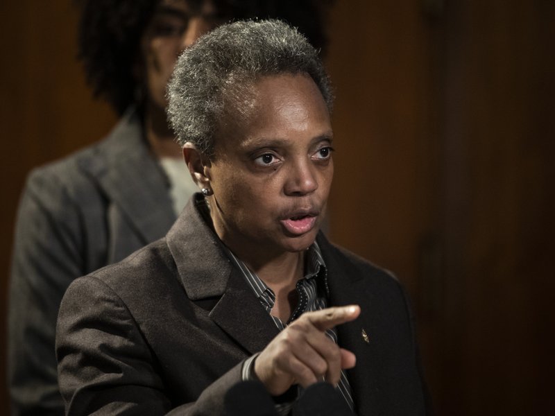 Mayor Lori Lightfoot speaks about the Chicago Teachers Union strike during a press conference at City Hall, Thursday morning, Oct. 31, 2019. (Ashlee Rezin Garcia/Chicago Sun-Times via AP)