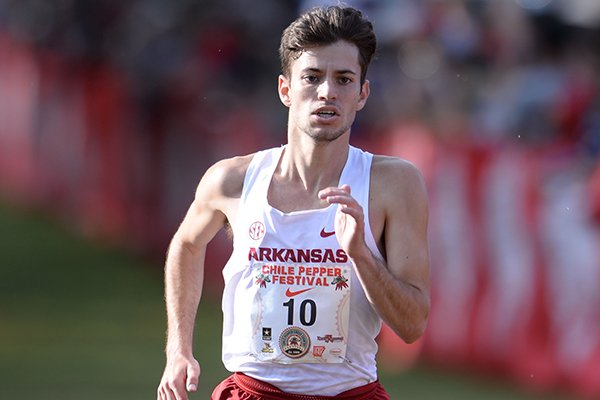 Arkansas' Matt Young comes in to the finish line Saturday, Oct. 5, 2019, to take fourth place in the men's collegiate race during the Chile Pepper Cross Country Festival at Agri Park in Fayetteville.
