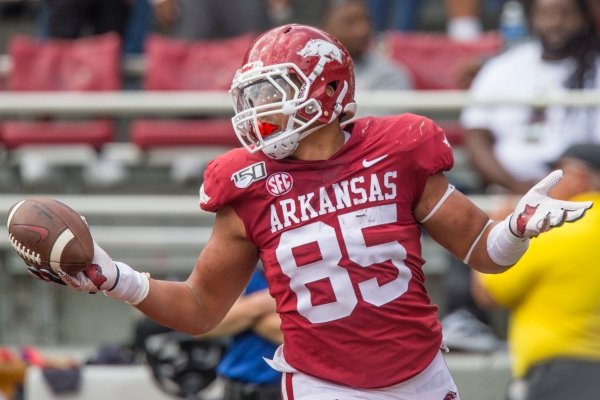 Arkansas tight end Cheyenne O’Grady (85) scores Saturday, October 19, 2019 during the third quarter of a football game at Donald W. Reynolds Razorback Stadium in Fayetteville. Visit nwadg.com/photos to see more photographs from the game.